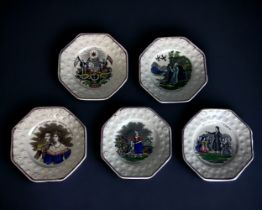 A COLLECTION OF FIVE STAFFORDSHIRE NURSERY PLATES. 19th Century. Octagonal form. Including 'Elijah