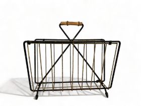 A RETRO METAL MAGAZINE RACK. With Bamboo handle.