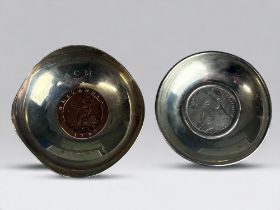 TWO STERLING SILVER COIN INSET DISHES. One with a George III cartwheel penny and another with a