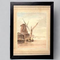 UNSIGNED WATERCOLOUR PAINTING. Late 19th / early 20th century. Sepia painted 'Thames Windmill'