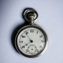 AMERICAN STERLING SILVER CASED POCKET WATCH. Enamel face with sub seconds Dial (missing hand).