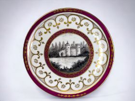 A FRENCH PORCELAIN HAND PAINTED TRAY. Probably decorated in Paris. Painted monochrome central