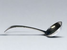 A VICTORIAN SILVER PLATE SOUP LADLE.