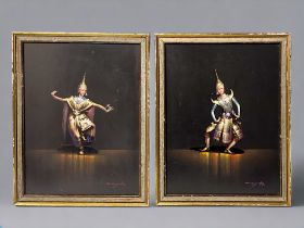 A PAIR OF VINTAGE THAI GOUACHE PAINTINGS. Depicting dancers in traditional dress. Signed '