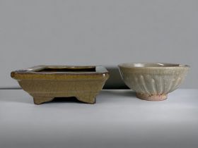 A CHINESE MING CELADON GLAZED STONEWARE BOWL. Together with a glazed square bonsai planter.