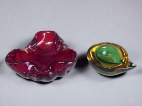 A MURANO GEODE GLASS 'TEARDROP' BOWL. Together with a red Murano glass controlled bubble ashtray.