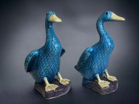 A pair of large Chinese porcelain 'Turquoise glaze' ducks. Late Qing dynasty. Height - 29.5cm AF