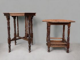 TWO VICTORIAN / EDWARDIAN OCTAGONAL OCCASIONAL TABLES. One set on original casters. AF