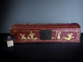 A CHINESE GILT LACQUER RECTANGULAR DOMED BOX. Decorated with gilt precious objects & Lotus