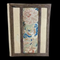 A VINTAGE CHINESE EMBROIDERED SILK WRITING PAD. Decorated with a Butterfly and Chrysanthemum.