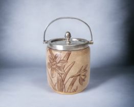 A VICTORIAN H. WIGFULL JAR. BROWN & GILT PRINTED FOLIATE DESIGN. HEIGHT - 15CM