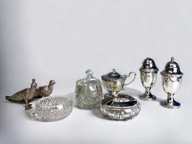 A STERLING SILVER & CUT GLASS ASHTRAY. Together with a collection of silver plate condiments,