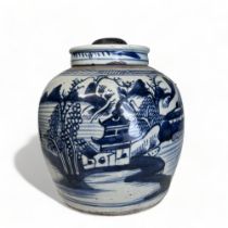 A LARGE CHINESE PORCELAIN BLUE & WHITE JAR & COVER. Qing dynasty. Fitted with lamp fitting to lid.