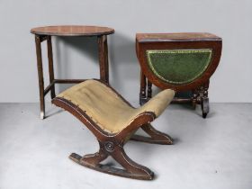 A VICTORIAN ROCKING FOOT GOUT STOOL, together with occasional & folding tables.