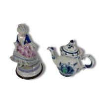 Blue & White Porcelain Teapot and Figurine
