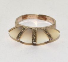 Unusual design Mother of Pearl and Marcasite 925 silver ring size X