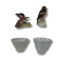 Pair of Porcelain Birds with Ceramic Dishes