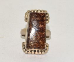 Heavy Natural Agate oblong 925 silver ring size M