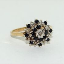 9ct gold ladies Sapphire and Diamond centre cluster ring size P