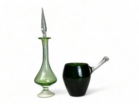 A 1960's glass green horvipint by Sirkku Kumela. Together with a Blenko style green vase & stopper.