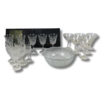 Collection of champagne & wine glasses including a glass punch bowl