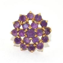 9ct gold ladies Amethyst round cluster cocktail ring 6.2g size O