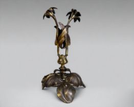 An Art Nouveau gilt bronze vase / candlestick. Naturalistic foliate design