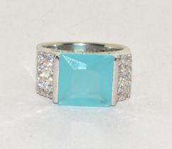 Unpolished blue stone square front ring in 925 silver size R
