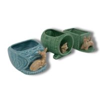 Sylvac Rare Blue fawn tree stump vase with 2 x Dog vases. Dog vases 1 with the Barrel design the