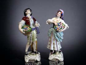 A Pair of German Hand Painted Porcelain Figures. Kammer Volkstedt, 20th century. Hand painted '