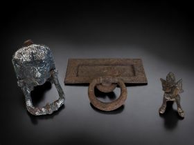 Three 19th Century Door knockers. Including a 'Fox' shape, a painted 'face' knocker and one