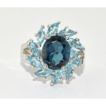 9ct white gold ladies Sapphire and Aquamarine cluster statement ring size N