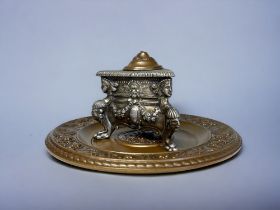 A 19th CENTURY GRAND TOUR INKWELL. Copper tray with stylised foliate & mask design, with metal