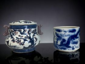 A CHINESE PORCELAIN LIDDED POT AND BRUSH POT. Hand painted lidded-pot decorated with cherry