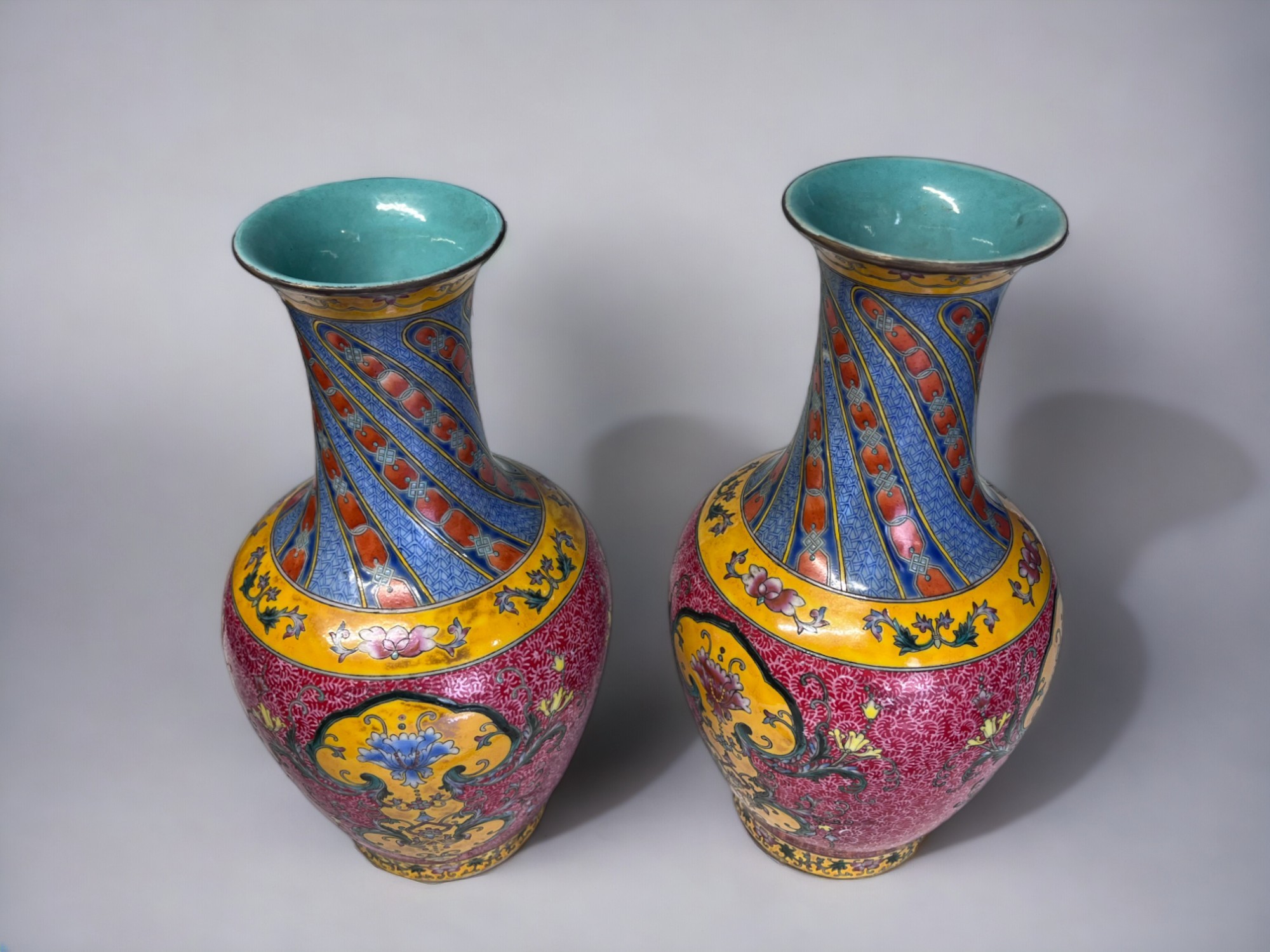 A PAIR OF CHINESE HAND PAINTED PORCELAIN VASES. Baluster form, painted enamels flowers in stylised - Image 7 of 8