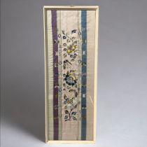 A Chinese silk embroidered panel. 20th-Century. Decorated with blossoming flowers & Butterflies.