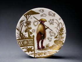 A VERY RARE WORCESTER PORCELAIN PLATE. Circa 1880. Depicting a beautifully painted 'Ferryman' (