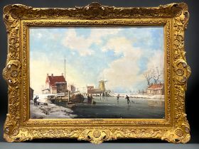 A.J.F De Groote, Dutch (1892-1947) Winter landscape "Figures skating on frozen river" Oil on Panel