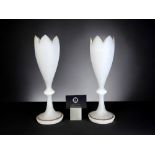 A PAIR OF BOHEMIAN HARRACH GLASS VASES. 19th century. White Alabaster, hand cut with gilt accent.