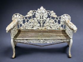 A Victorian cast iron garden bench. Attributed to Coalbrookdale. Ornate Acorn & Oak leaf pattern,