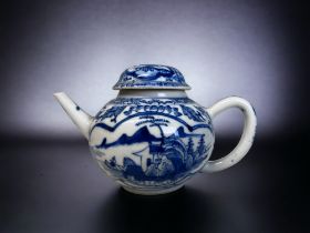 A CHINESE BLUE & WHITE PORCELAIN TEAPOT. Qianglong (1735-1796). Painted with fishing village