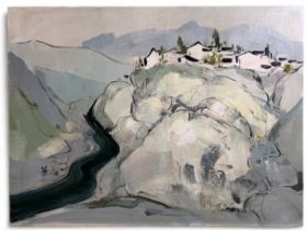 CHINESE SCHOOL OIL ON BOARD, SIGNED WU GUANZHONG. Village along the Wu river. 80 x 70cm