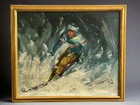 20th Century Alpine Skier oil on canvas. Pallet knife and brushwork. Signed lower Right. Roy Pigr...