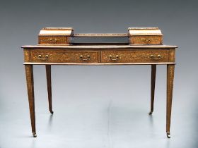 Edwardian Ladies Inlaid Writing desk. Green Leathered top with brass gallery. Foliate & swag design.