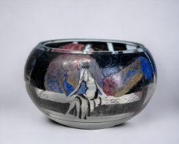 ITALIAN ART DECO 'VETRI DELLA VEDAR' PAINTED BOWL. Circa 1925. Depicting hand painted woman &