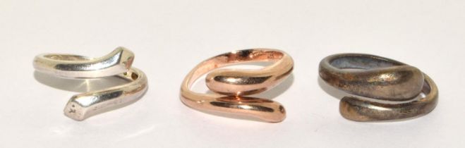 3 x 925 silver and gilt snake rings