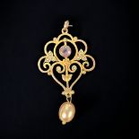 An 9ct Gold Suffragette pendant, with Amethyst & seed pearls. Victorian / Edwardian. Stamped '