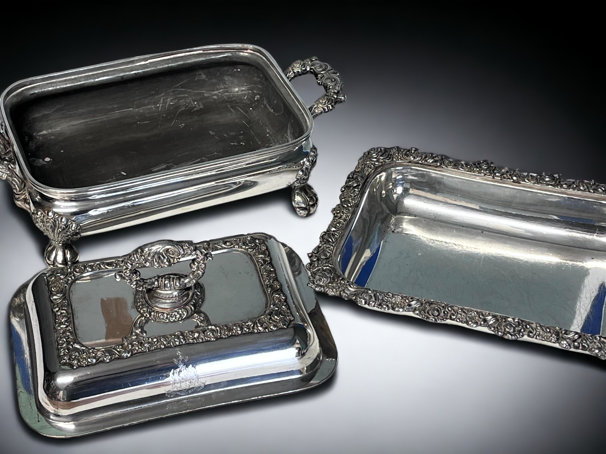 AN IMPRESSIVE PAIR OF GEORGIAN SHEFFIELD PLATE ENTREE DISHES. On warmer stands. Elaborate stylised - Image 6 of 6