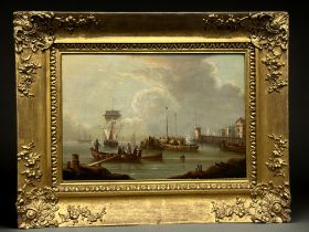 A 19th Century Dutch oil on Board - Harbour Scene, in a highly ornate gilt foliate decorated