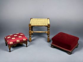 Two Victorian Gout stools, together with a Oak & rush seated stool.